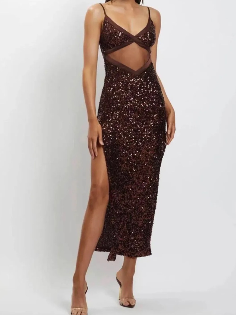 Meshki Brown Sequin Cut-Out Maxi Skirt with High Side Slit